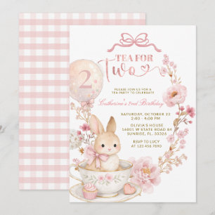 Tea for Two 2. Geburtstag Hase Frühling Rosa Einladung
