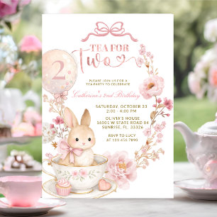 Tea for Two 2. Geburtstag Hase Frühling Rosa Einladung