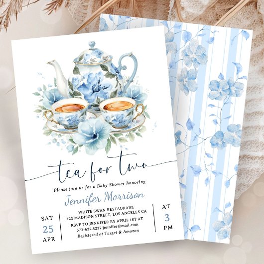 Tea For Two Baby Shower Junge Dusty Blue Einladung