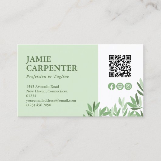 Tea Green Calm Greenery QR Code Foto Social Media Visitenkarte (Vorderseite)