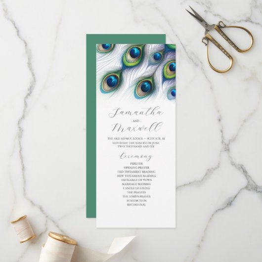 Tea Length Wedding Program Template Peacock Programm (Vorderseite/Rückseite Beispiel)
