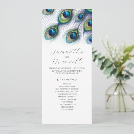 Tea Length Wedding Program Template Peacock Programm (Stehend Vorderseite)