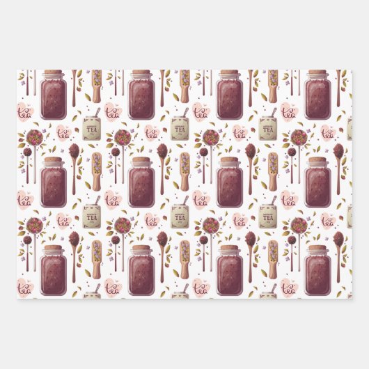Tea Lovers' Collage - Teekirschen und Kräuter Geschenkpapier Set (Vorderseite)