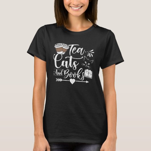 Tea Lovers Funny Tee Katzen und Bücher Teetrinker (Vorderseite)