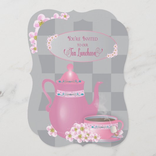 Tea Luncheon, Teapot & Teacup Ladys, Pink & Grau Einladung (Vorne/Hinten)