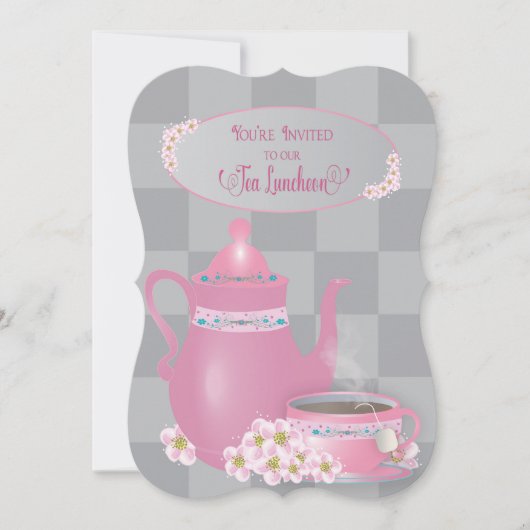 Tea Luncheon, Teapot & Teacup Ladys, Pink & Grau Einladung (Vorderseite)