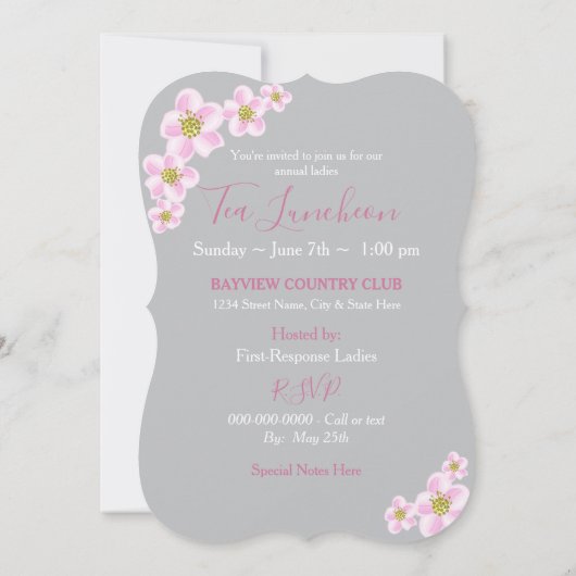 Tea Luncheon, Teapot & Teacup Ladys, Pink & Grau Einladung (Rückseite)