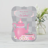 Tea Luncheon, Teapot & Teacup Ladys, Pink & Grau Einladung (Stehend Vorderseite)