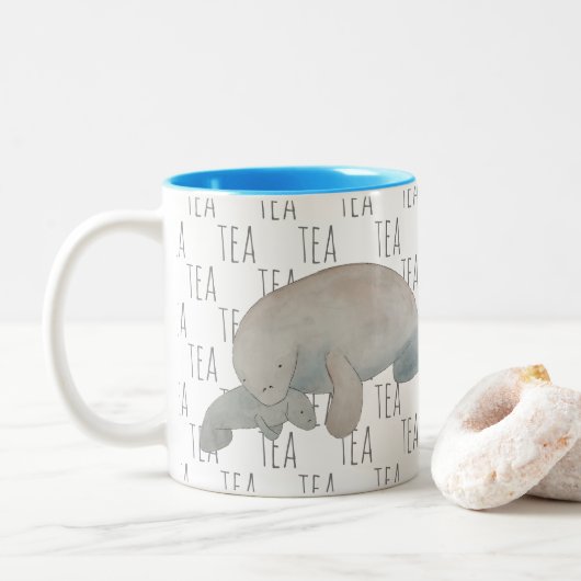 Tea Marine Mammal Watercolor Mutter Baby Manatee Zweifarbige Tasse (Mit Donut)