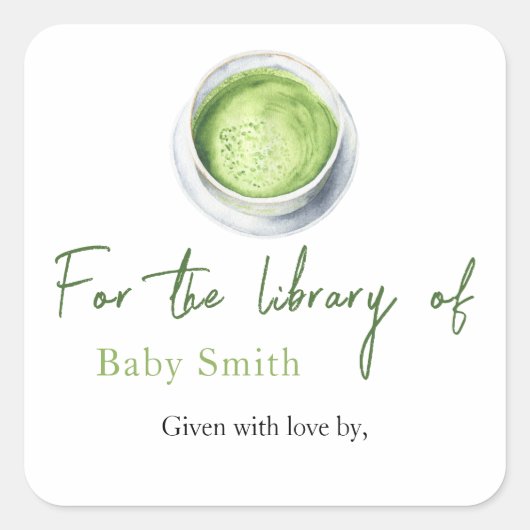 Tea Matcha Baby Shower - Für die Bibliothek Quadratischer Aufkleber (Vorderseite)