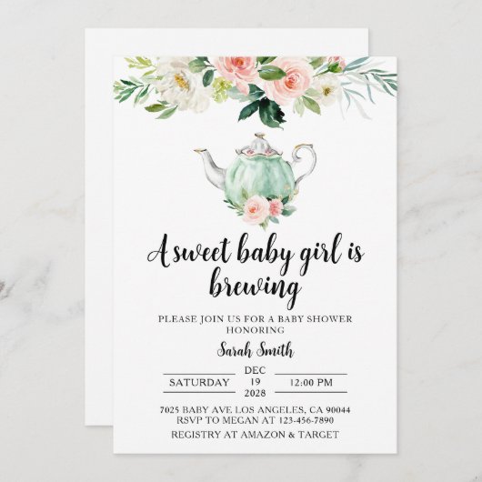 Tea Party Baby Dusche Einladung (Vorne/Hinten)