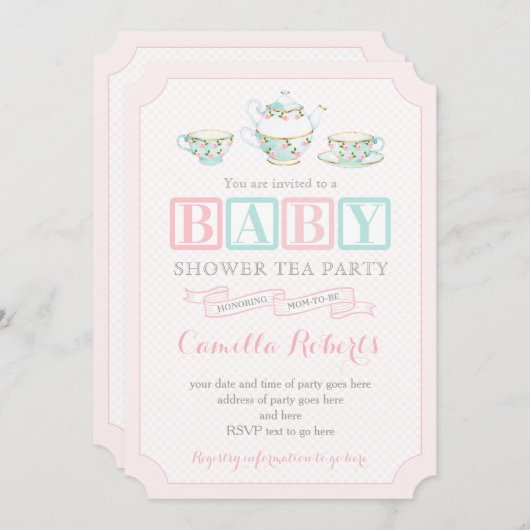 Tea Party Baby Shower Einladungen für kleine Mädch (Vorne/Hinten)