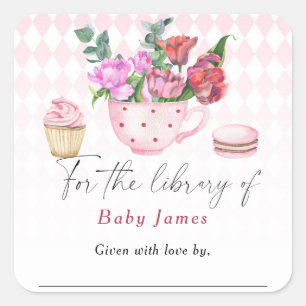 Tea Party Baby Shower - Für die Bibliothek von Quadratischer Aufkleber