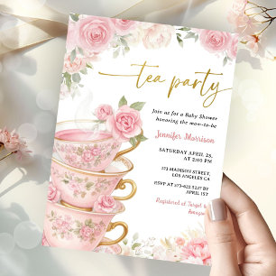 Tea Party Baby Shower Mädchen Rosa & Gold Floral Einladung