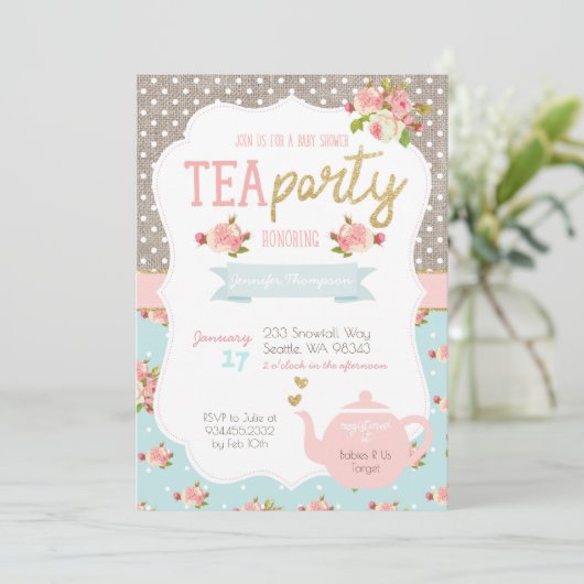 Tea Party Babydusche Einladung (Stehend Vorderseite)