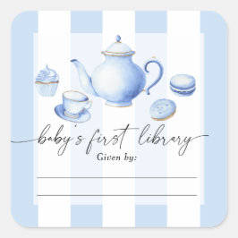Tea Party Babydusche - erste Kinderbibliothek Quadratischer Aufkleber