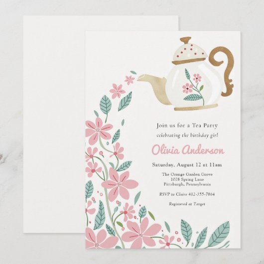 Tea Party Birthday Einladung (Vorne/Hinten)