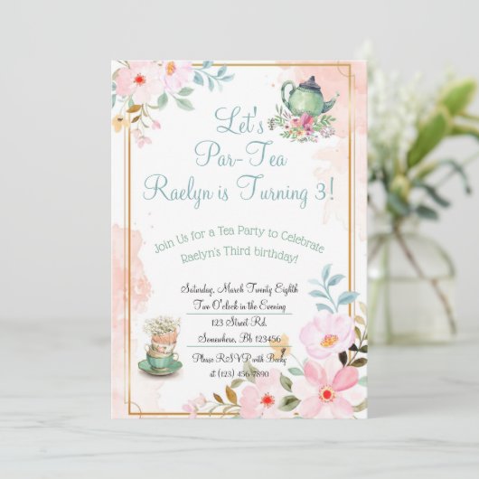 Tea Party Birthday Invites Einladung (Stehend Vorderseite)