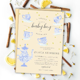 Tea Party Blue Elegant Boho Lace Baby Boy Dusche Einladung