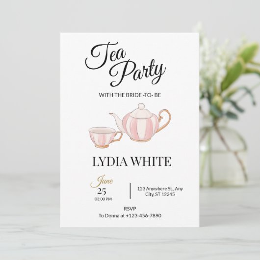Tea Party Brautparty Bridal Teedusche Einladung (Stehend Vorderseite)