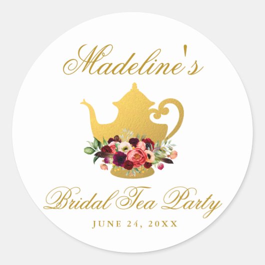Tea Party Brautparty Burgundy Floral Boho Runder Aufkleber (Vorderseite)