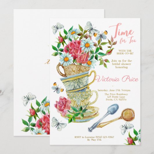 Tea Party Bridal Einladung (Vorne/Hinten)