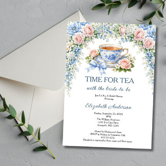 Tea Party Bridal Shower, Pink Blue Garden Florals Einladung