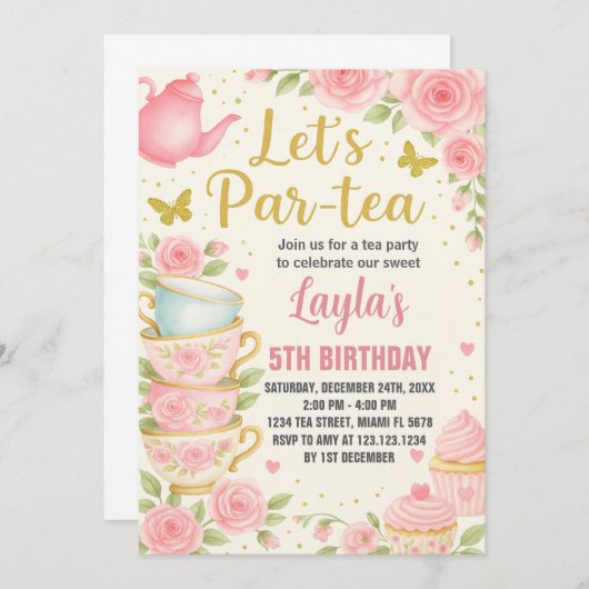 Tea Party Einladung zum Geburtstag (Vorne/Hinten)