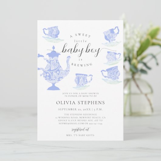 Tea Party Elegant Boho Lace Set Baby Boy Dusche Einladung (Stehend Vorderseite)