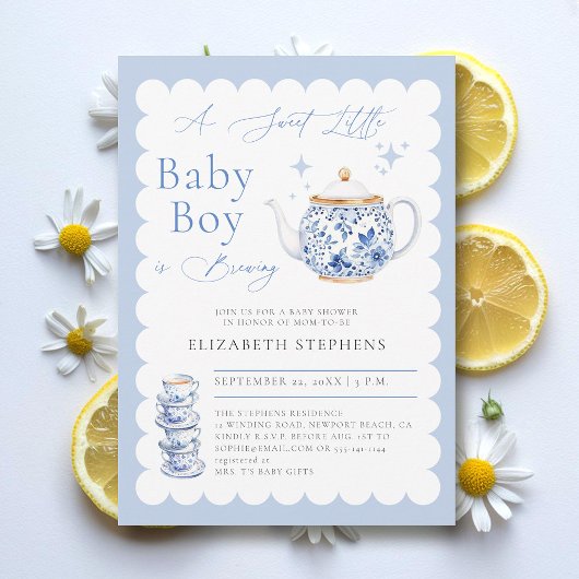 Tea Party Elegant Moderne Sweet Baby Boy Dusche Einladung
