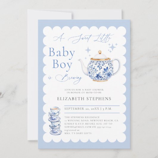 Tea Party Elegant Moderne Sweet Baby Boy Dusche Einladung (Vorderseite)