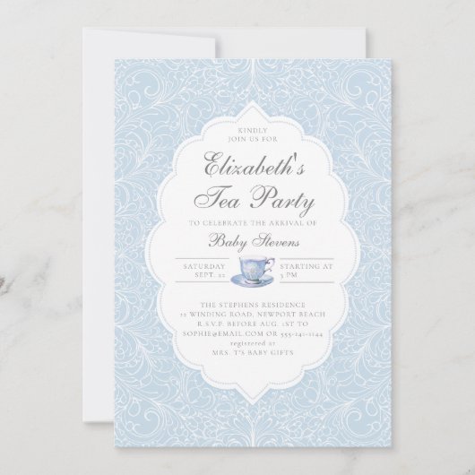Tea Party Elegant Modernes Leder Blue Boy Baby Dus Einladung (Vorderseite)