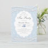 Tea Party Elegante Lace Pearls Blaues Brautparty Einladung (Stehend Vorderseite)