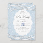 Tea Party Elegante Lace Pearls Blaues Brautparty Einladung (Vorne/Hinten)