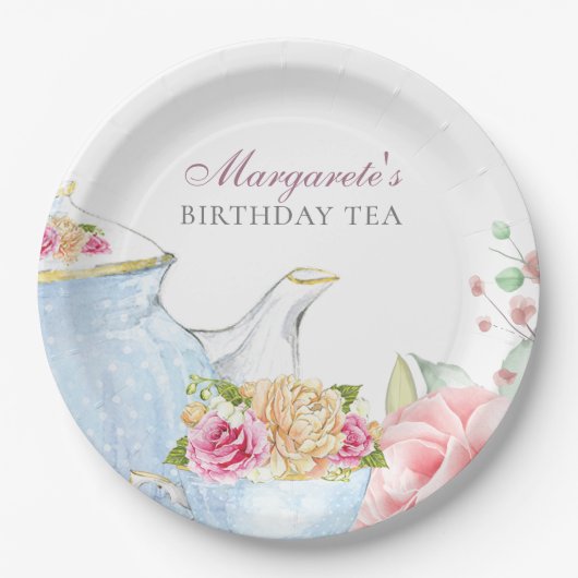 Tea Party Floral Elegant Personalisiert Geburtstag Pappteller (Vorderseite)