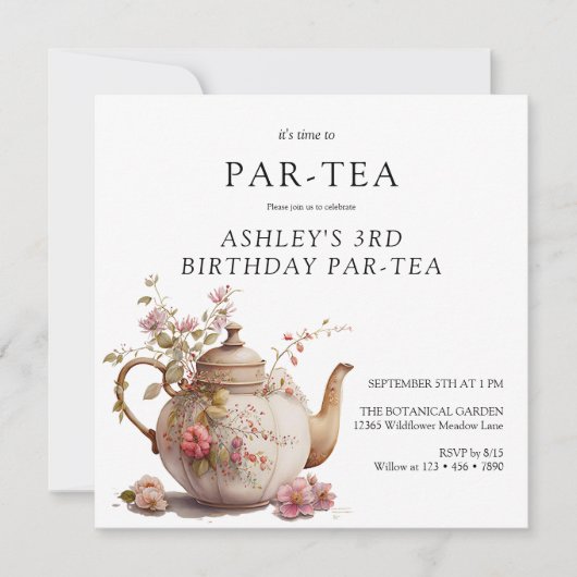 Tea-Party | Floral Geburtstag | Jedes Alter Einladung (Vorderseite)