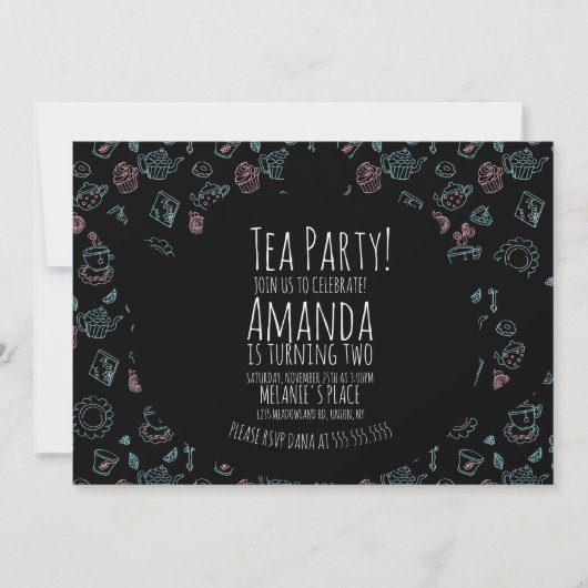 Tea Party Geburtstag Doodle Hintergrund Einladung (Vorderseite)