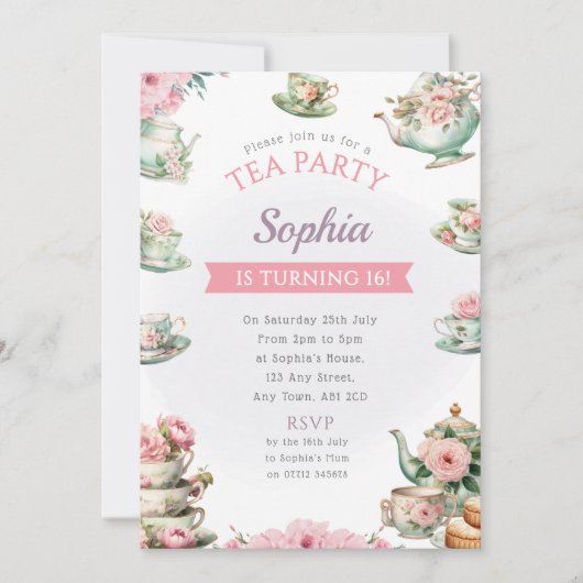 Tea Party Geburtstagsparty Einladung Nachmittagste (Vorderseite)