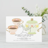 Tea Party Tea Pot & Cups Girl Einladung (Stehend Vorderseite)