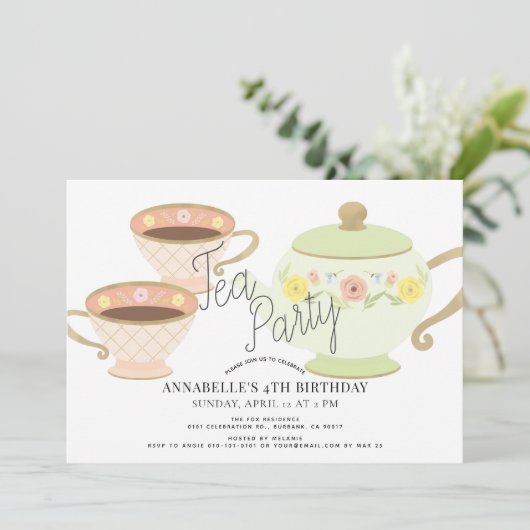 Tea Party Tea Pot & Cups Girl Einladung (Stehend Vorderseite)