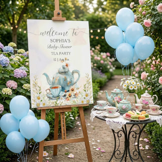 Tea Party Vintage Blau Aquarell Junge Baby Shower Poster