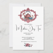 Tea Pot Kettle Cup Birds Red Mother Day Party Einladung (Vorderseite)