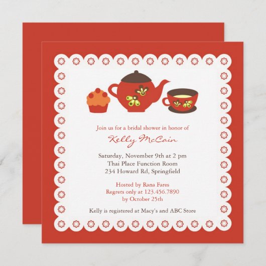 Tea Pot Party Brautparty Einladung (Vorne/Hinten)