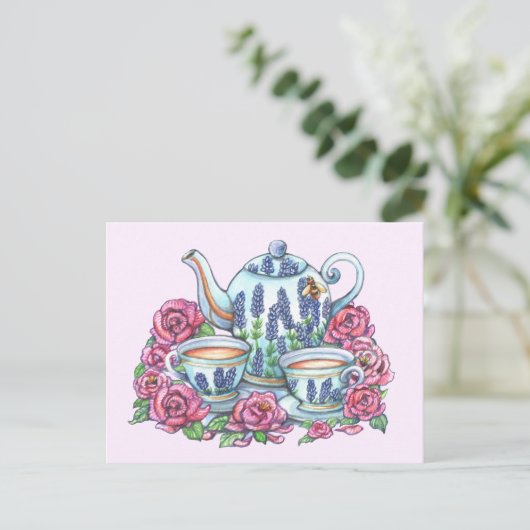 Tea Pot und Rose Postkarte (Stehend Vorderseite)