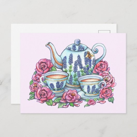 Tea Pot und Rose Postkarte (Vorne/Hinten)