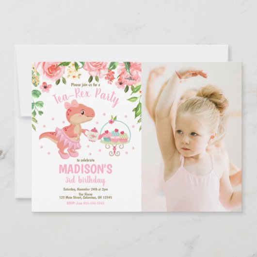 Tea-Rex Tutu Party Dinosaur 3rd Birthday Photo Einladung (Vorderseite)