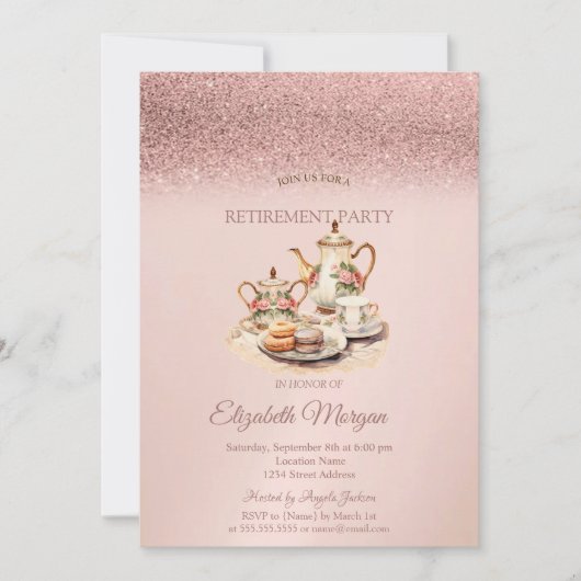 Tea Service Rose Gold Glitter Retirement  Einladung (Vorderseite)