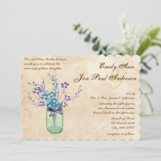 Tea Stain Aqua Lila Blume Mason Jar Einladung (Stehend Vorderseite)