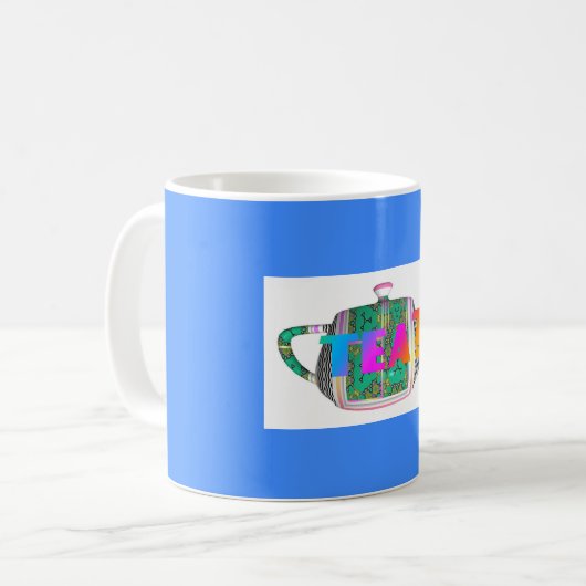 TEA? TEAPOT AUF BLAUE KAFFEETASSE (Vorderseite Links)