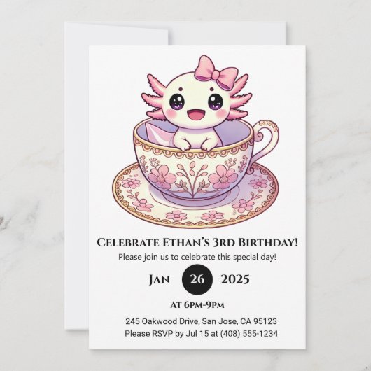 Tea Time Axolotl Birthday Einladung (Vorderseite)